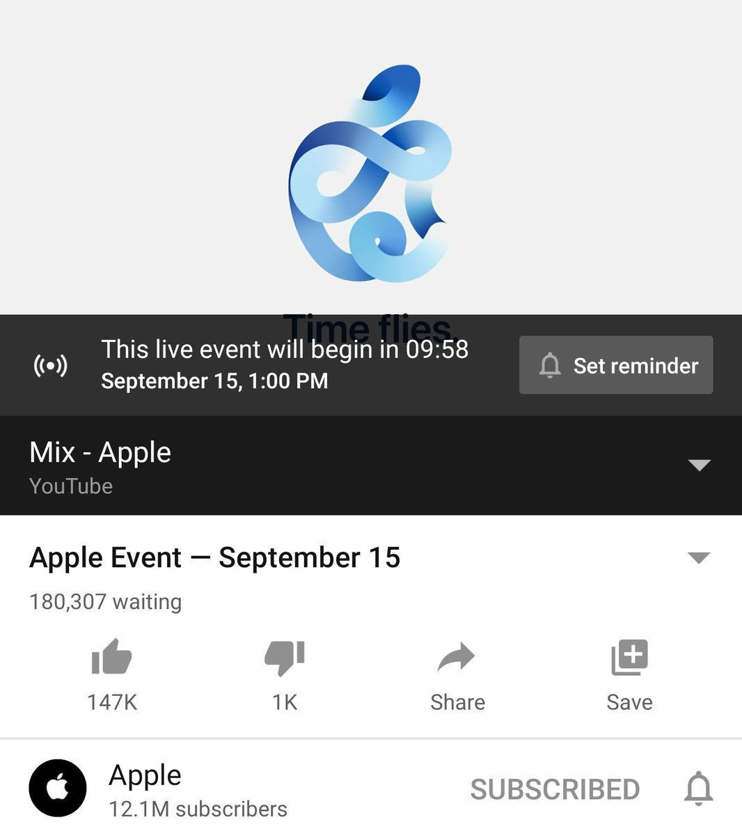 MKBHD's tweet photo. Apple September Event going live in 10 minutes. Fully expecting over 1 million people to join the Livestream:

https://t.co/9emRCLrZrS https://t.co/6vrunWNpbR