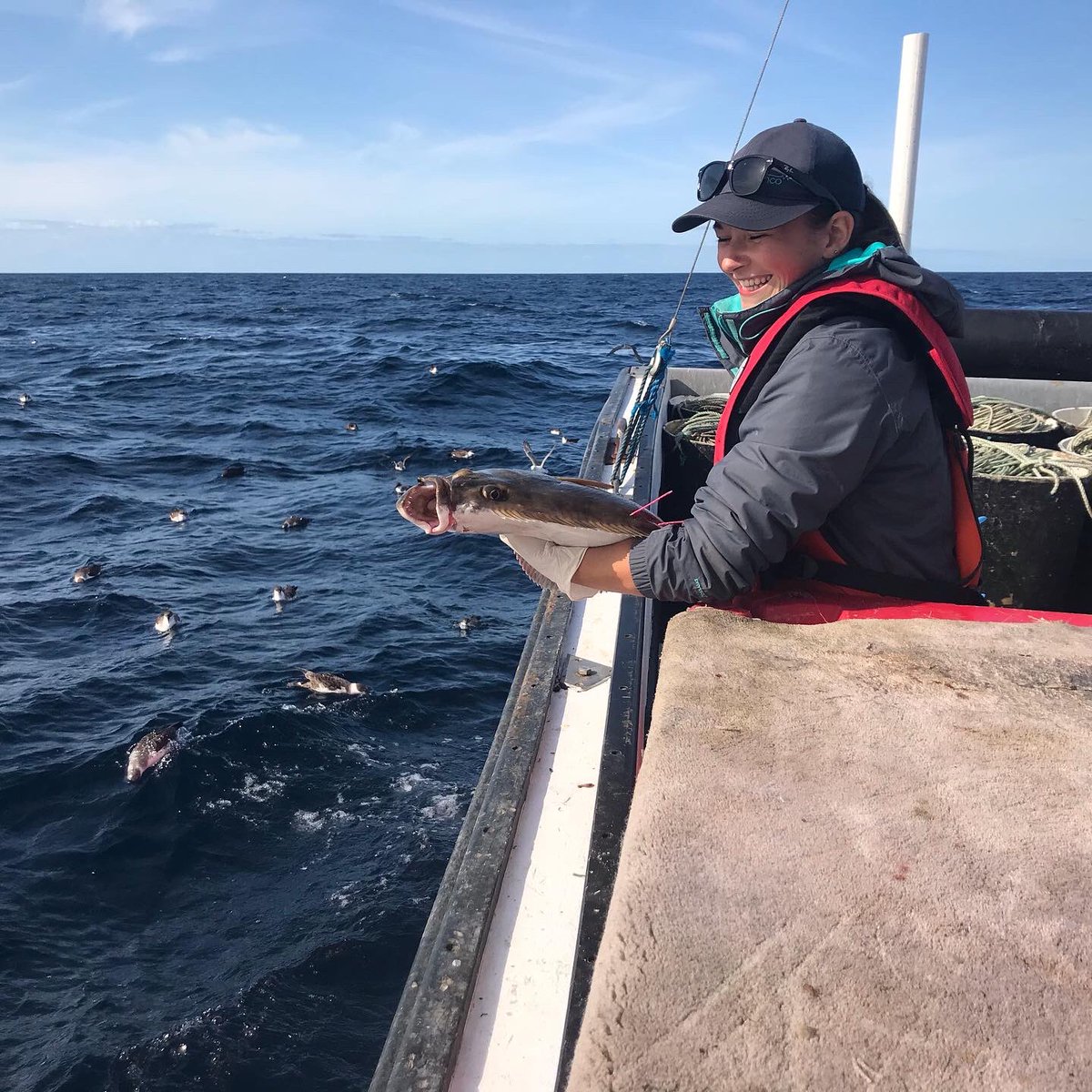 dannilharper1's tweet photo. All the smiles of a girl who just survived 3 days of seasickness and finally got to handle some big fish 😎. Over the weekend I headed a collaborative mission b/w OTN, DFO, AcadiaU and industry to acoustic and satellite tag some Atlantic Halibut @DFO_MAR @OceanTracking @AcadiaU https://t.co/oeiDiYJ28n