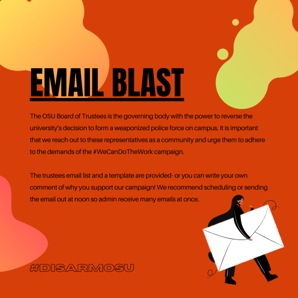 DisarmOSU's tweet photo. Email blast is TODAY AT NOON folx! Instructions here: https://t.co/XMJ438Ehei https://t.co/cAo5JwBiII