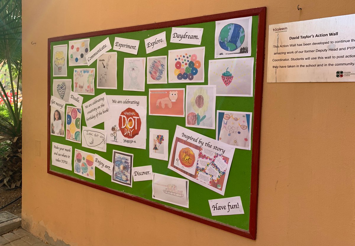 L_Farquhar_IB's tweet photo. What an impact #RahaDotDay @RIS_primary had on hundreds of our students.  It was so nice to be able to make our digital gallery appear truly live this morning on campus!  We will be drawing on this learning experience all year! #RahaRoundSquare #DotDay #BeyondRaha @peterhreynolds https://t.co/kwJTKaYdo9