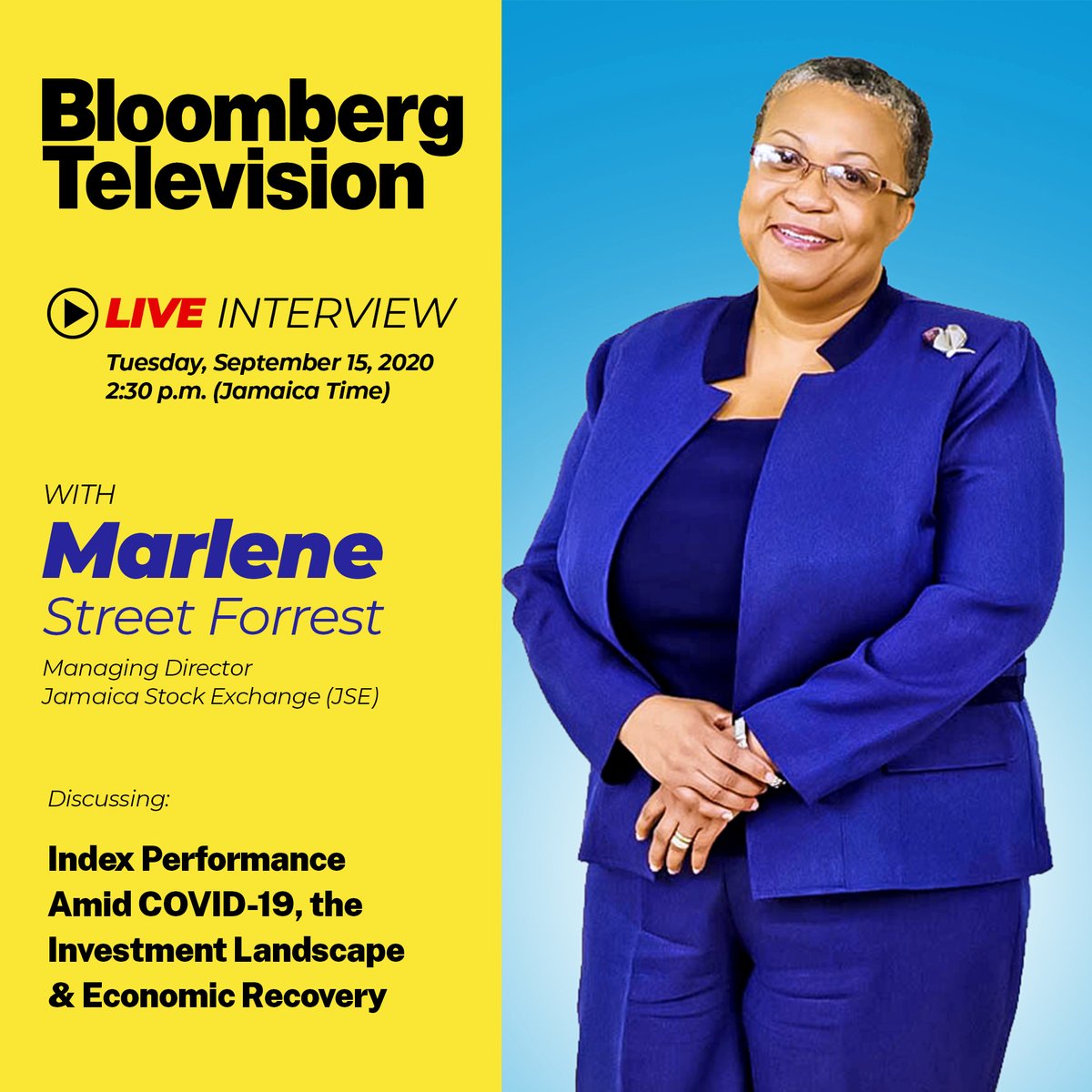jastockex's tweet photo. Our Managing Director, Mrs Marlene Street Forrest, will be joining Bloomberg Television live, this afternoon at 2:30 pm! You can watch the interview live on https://t.co/vjvrjlBAnK. #JSEStrong #JamaicaStrong https://t.co/mA8GbOh0uy