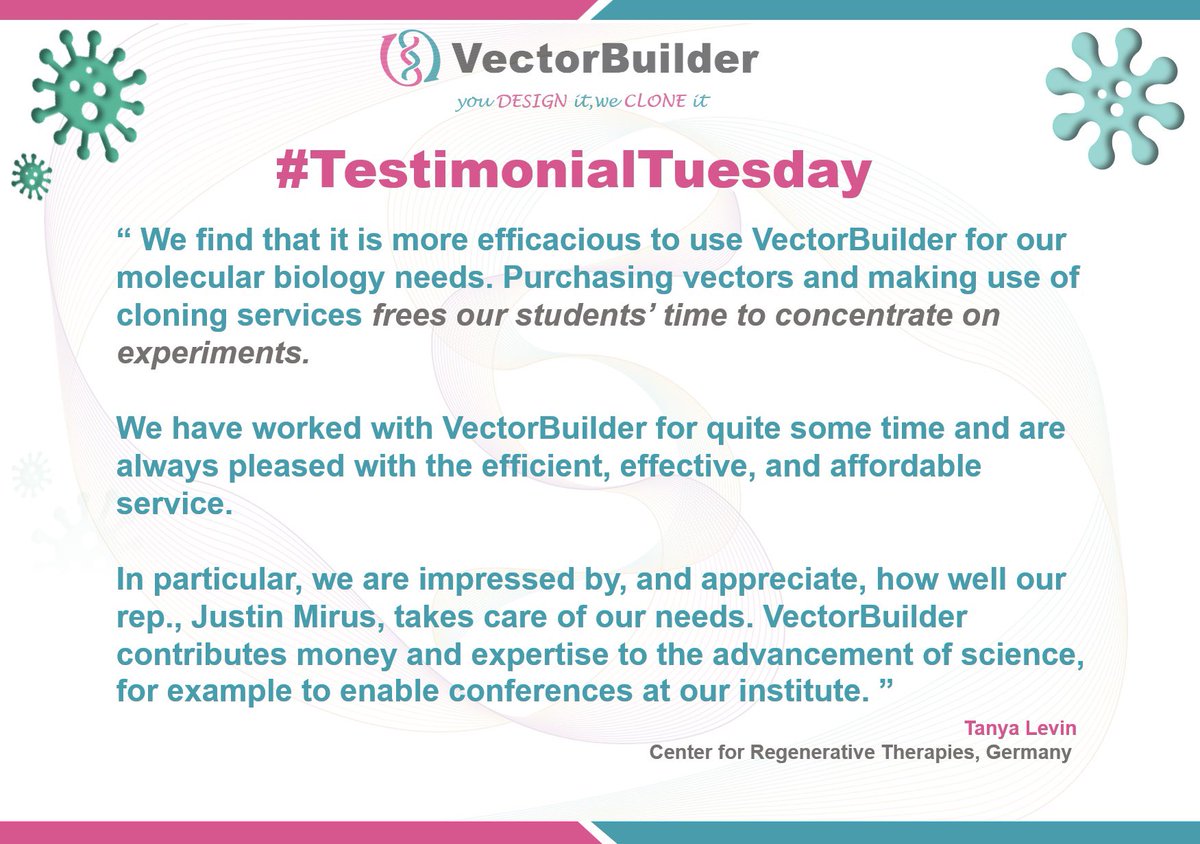 VectorBuilder's tweet photo. It's #TestimonialTuesday! Today’s testimonial comes from Tanya on behalf of the Center for Regenerative Therapies in Dresden, Germany @CRTDpress
Tell us about your @VectorBuilder experience! Submit your testimonials here : https://t.co/ZHo9JlMJMi
#CloneFromHome #CustomCloning https://t.co/0YXn3qWlpS