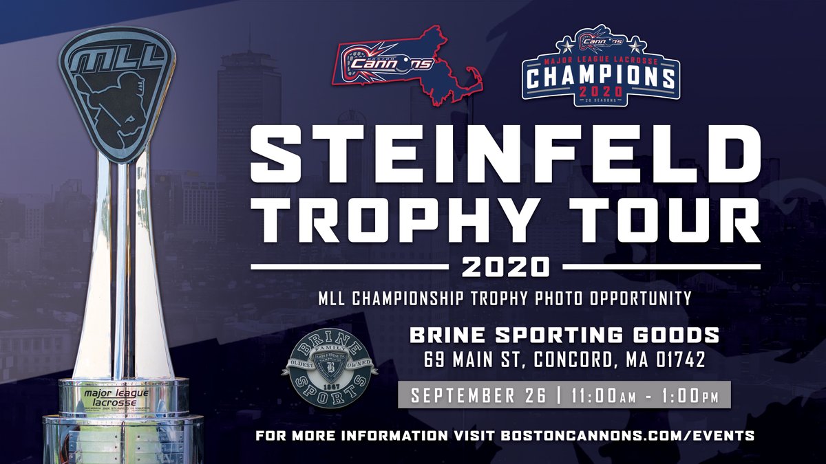 Join us next Saturday, Sept. 26, at Brine Sporting Goods in Concord‼️

Get a photo with the Steinfeld Trophy as we continue celebrating our 2020 <a href="/MLL_Lacrosse/">Major League Lacrosse🥍</a> Championship 📸🏆