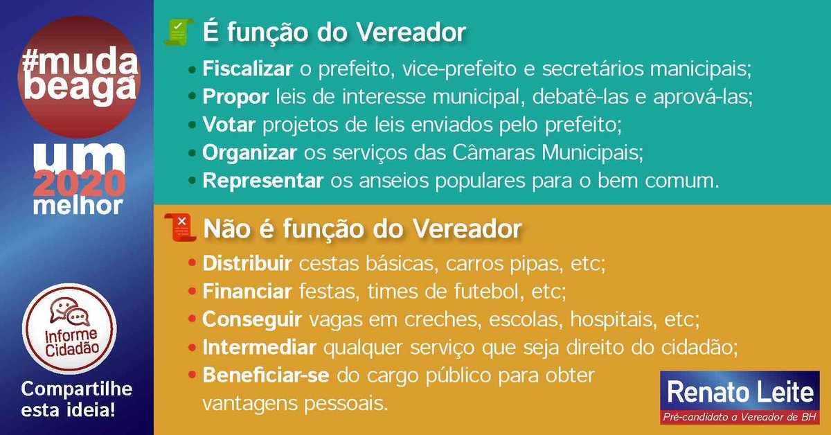 MudaBeaga's tweet photo. Informe Cidadão: quais são as funções do vereador?

#um2020melhorprabh #mudabeaga #mudabh #amobh #ficadicabh #curtebh #euamobhradicalmente #somosrenatoleite #somosmudanca #somosiguais #somostodosrenatoleite https://t.co/aVAuARnG7r