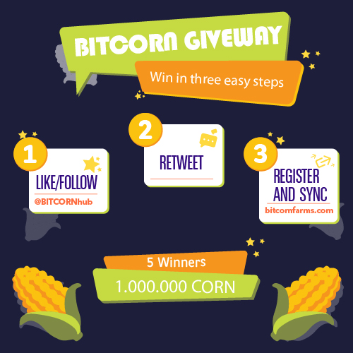 #BITCORN GIVEAWAY!!!!

1,000,000 CORN. 5 Winners.

  - Like
  - Follow <a href="/BITCORNhub/">The BITCORN Courier.</a>
  - Retweet
  - Register and sync with 
     bitcornfarms.com

Ends in 24 hours.  Good Luck!