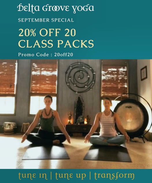 It's the perfect time to reinvigorate your practice with the September special at @DeltaGrooveYoga. 🌞 They have 20% off 20 Class Packs. Purchase online with promo code 20off20: deltagrooveyoga.com