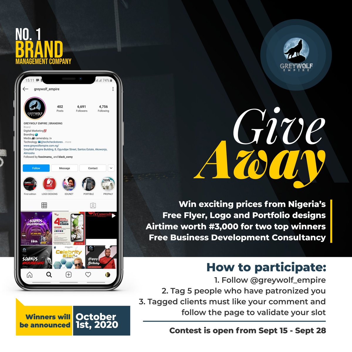 GreywolfEmpire's tweet photo. It's GIVE AWAY TIME GUYS. 💃💃💃💃

As Nigeria clocks 60 years in the next fifteen day, Try and be the lucky winner on Independence day 💃

Win exciting prices from 🤝
[Free flyer, Logo, Portfolio designs, Airtime and Free Business Development Consultancy]

How to participate: https://t.co/35280oOuRR