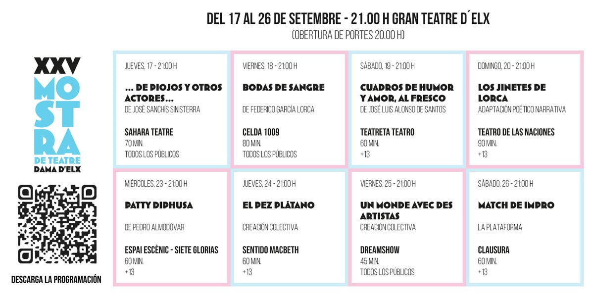 2 días para que se abra el telón del <a href="/granteatre/">Gran Teatre d'Elx</a> #Elx y dé comienzo la XXV Mostra de Teatre Dama d'Elx. Consigue tu invitación... ¡Que se acaban! 👉🏻laplataformaelx.wordpress.com/2020/09/10/con…
 ¡¡¡Nos vemos en #mostraelx2020!!! <a href="/elchejuventud/">Elche Juventud</a> @Ajuntament_Elx <a href="/ElxCultura/">ElxCultura</a>