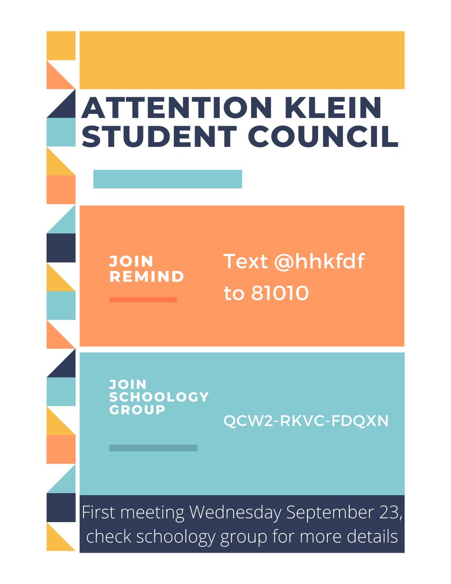 klein_stuco's tweet image. Bearkats, our first StuCo meeting is on 9/23. Make sure to join the schoology group for the times and location. Seniors, this is your chance to earn a cord for graduation.🤩