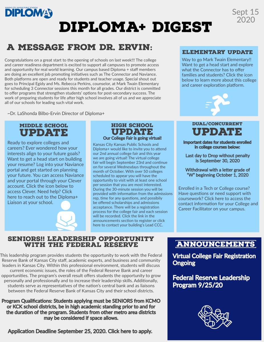KCKDiplomaPlus's tweet photo. 👀 Check out our latest Newsletter!! Click here https://t.co/NbdZCfsnRL to stay up to date with Diploma+.  @kckschools #kckpsontrack #kckps2college #collegeandcareerready https://t.co/j2QTCZy3to