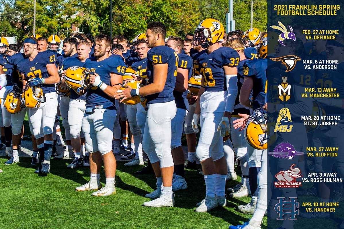 NEWS | The 2021 <a href="/FCGrizFootball/">Franklin College Football</a> schedule is here, with four contests set to take place at Faught Stadium this spring!

Mark each game down on your calendar, and we will see you on Feb. 27 for opening day! #TeamGriz 

franklin.prestosports.com/sports/fball/2…