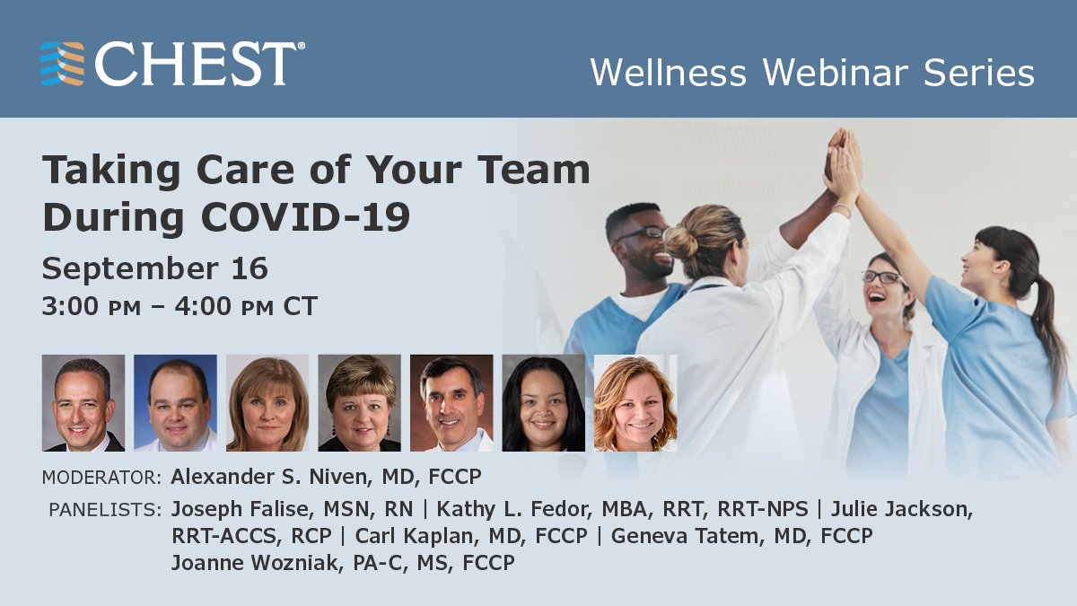 accpchest's tweet photo. Our interprofessional panel of experienced managers discuss methods to rapidly and effectively train and integrate new health care workers during times of surge in tomorrow’s #WellnessWednesday webinar.
Register now: https://t.co/xUM7hEoSxp
#CHESTWellness https://t.co/cAUcfVahur