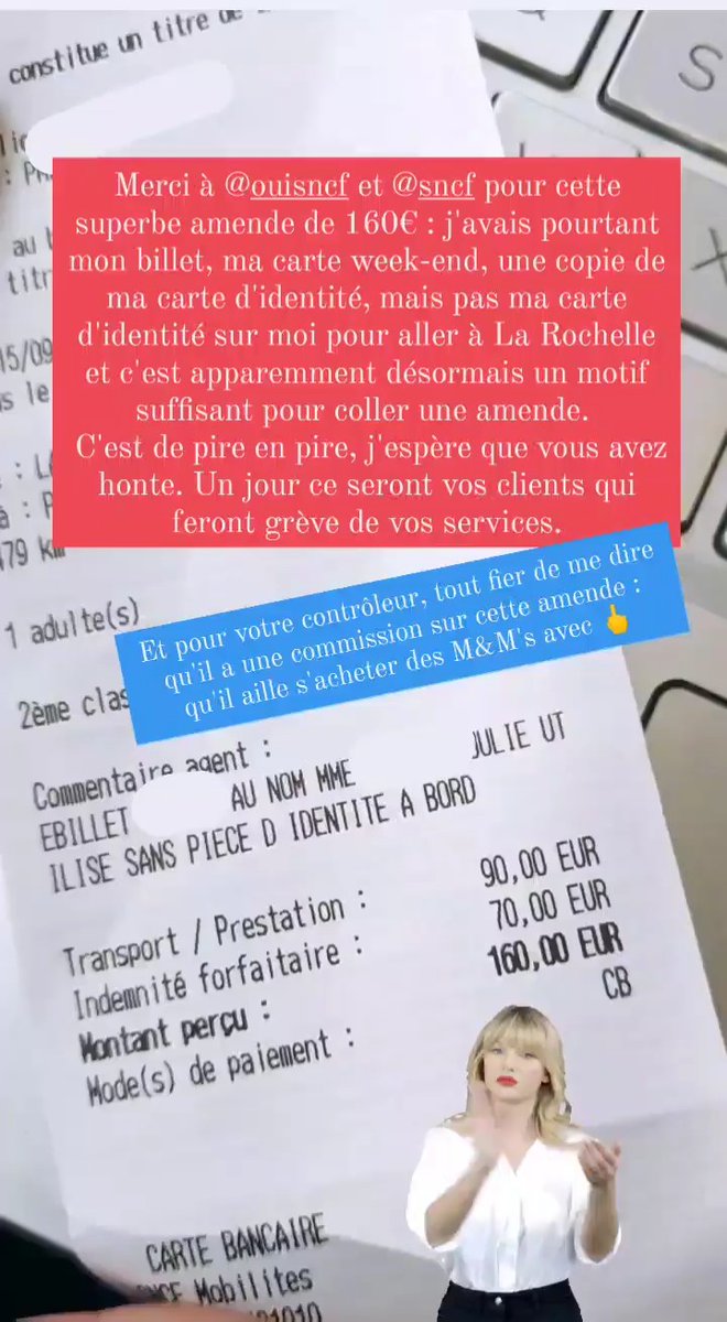 conseilsdejulie's tweet photo. Oubliez pas, jeudi c'est #grevesncf. @SNCF @ouisncf , votre contrôleur Kévin fera sûrement grève. Il était pourtant bien motivé de me mettre 160€ d'amende et de toucher sa commission. J'avais pourtant mon billet , ma carte weekend et une copie de ma carte d'identité. #nonsncf https://t.co/cVLLTITtAu