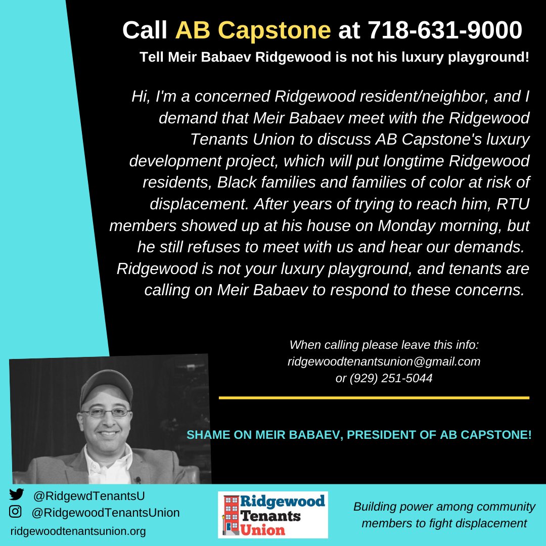 🚨SUPPORT NEEDED🚨  

Help us reach Meir Babaev &amp; property manager Jaime Contreras

Ask they meet with us &amp; hear our concerns about the luxury tower they plan to build. 

It will include NO HOUSING for the homeless or the most rent-burdened tenants in our community.
