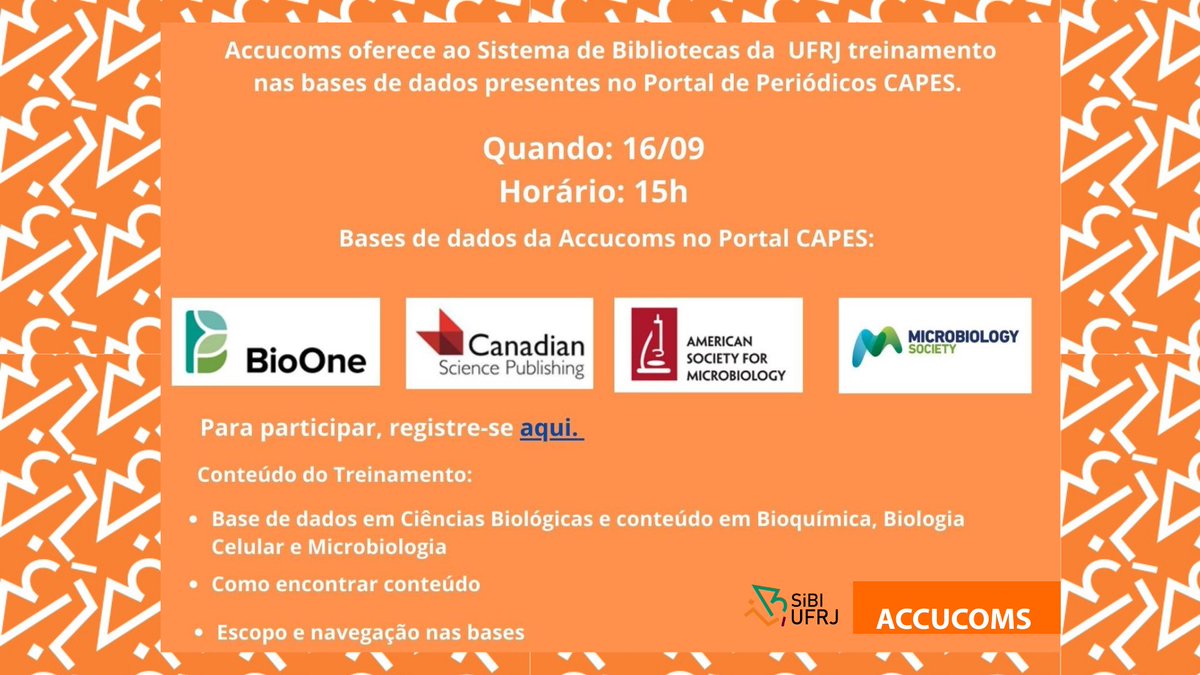 SIBI_UFRJ's tweet photo. Já se inscreveu no nosso treinamento que acontecerá amanhã, dia 16/09?
No treinamento serão apresentadas as seguintes bases da #Accucoms: #AmericanSocietyforMicrobiology; #BioOne ; #CanadianSciencePublishing #MicrobiologySociety
Inscrição : https://t.co/amai4KSjdU https://t.co/dTCBLRTTgX