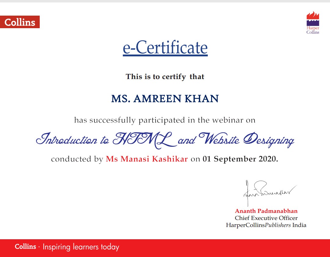 AMREENK96846513's tweet photo. #COLLINS
#HARPERCOLLINS 
#SUCCESSFULCOMPLETION 
#SUCCESSFULPARTICIPATION 
#INTRODUCTIONTOHTML
#WEBSITEDESIGNING
#INSPIRINGLEARNERTODAY
#NOTHINGCANSTOPLEARNERS
#VIRTUALLEARNING #HOMEBASEDLEARNING #REMOTELEARNING #PROFESSIONALLEARNING #EDUCATORSENGAGEMENT #EDUCATORSLEARNING 
#HAPPY https://t.co/RNeCbeILyY