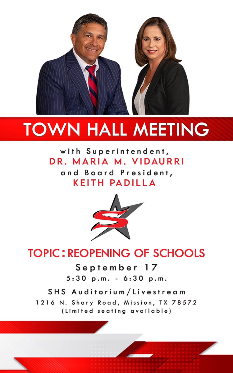 Sharyland ISD parents are cordially invited to join Dr. Maria M. Vidaurri, our Superintendent, for an optional town hall meeting on Thursday, September 17th.

Please see the attached flyer and following website sharylandisd.org/townhall for additional details.