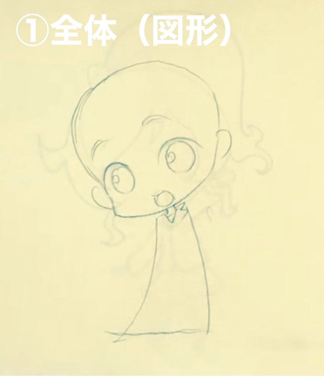 「★丸と台形でポーズを決める!!
①全体(図形)
→②中間(素体)
→③細部(シル」|アニメ私塾のイラスト