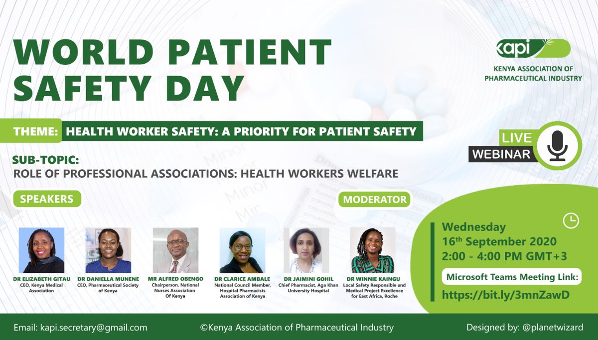 KapiKenya's tweet photo. As we mark world #PatientSafety week, our 2nd discussion tomorrow will look at the "Role of Professional Societies and Associations in #HealthWorkers safety."
#HealthWorkers are critical in care delivery.
Join us here: https://t.co/tWnXKctCvJ https://t.co/d4hueXPBBt