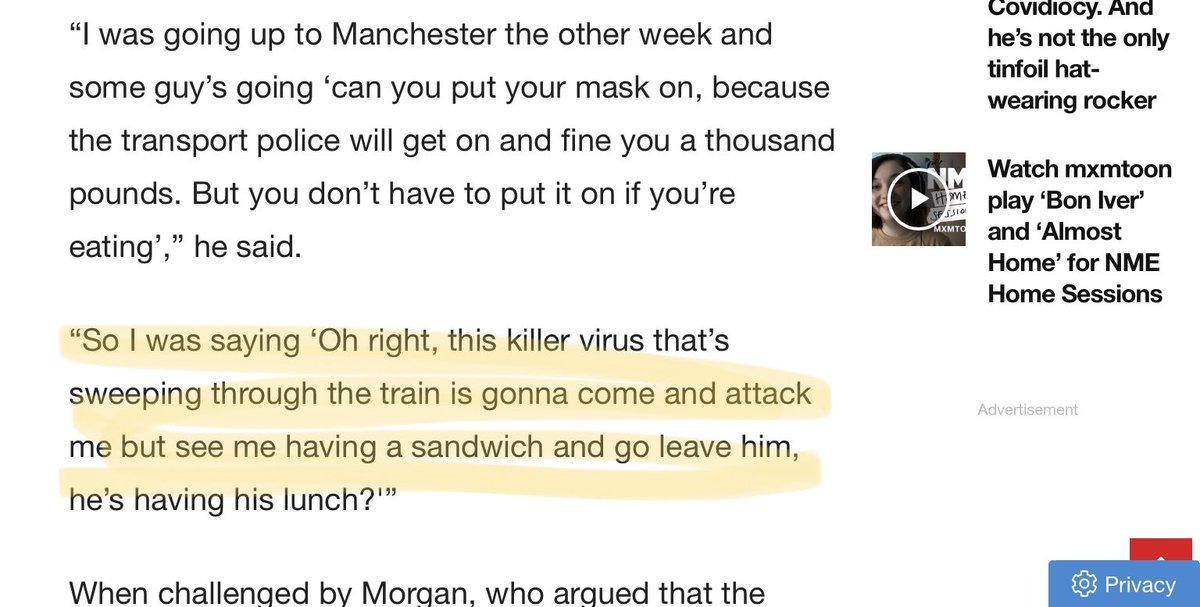 Noel Gallagher says it like it is!🤣🤣🤣
Challenged on a train for not wearing a mask, and being told he didn’t need to wear one if he was eating, look at his response! Hilarious!👇