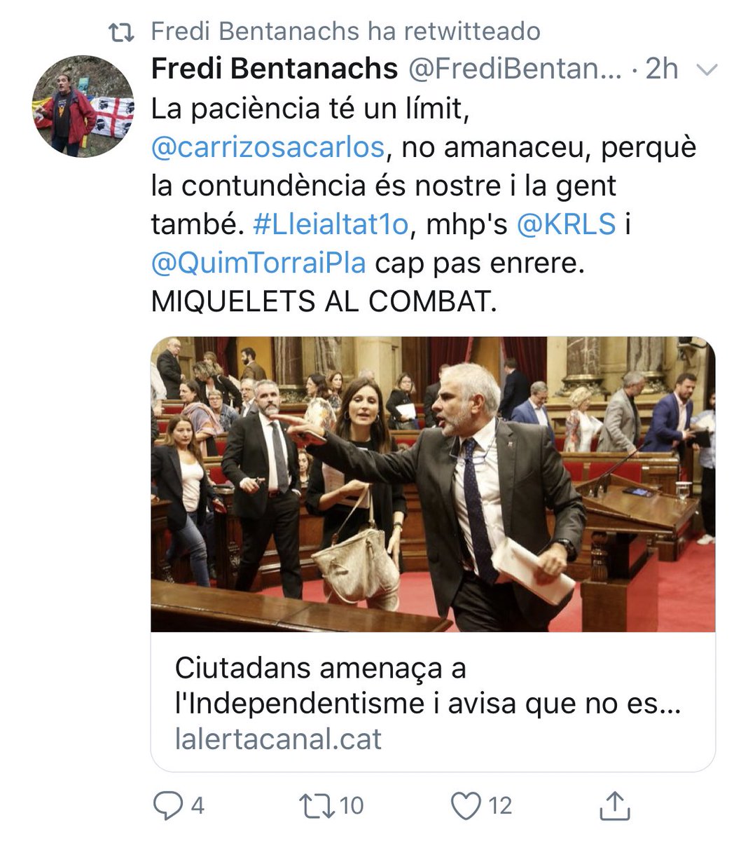 carrizosacarlos's tweet photo. Que el fundador de la organización terrorista Terra Lliure me escriba que "la paciencia tiene un límite" y "la contundencia es nuestra" lo entiendo como una amenaza en toda regla. No nos callarán y menos Fredi Bentanachs.

Lo pondré en conocimiento de las autoridades. https://t.co/QhqIEfPQUt
