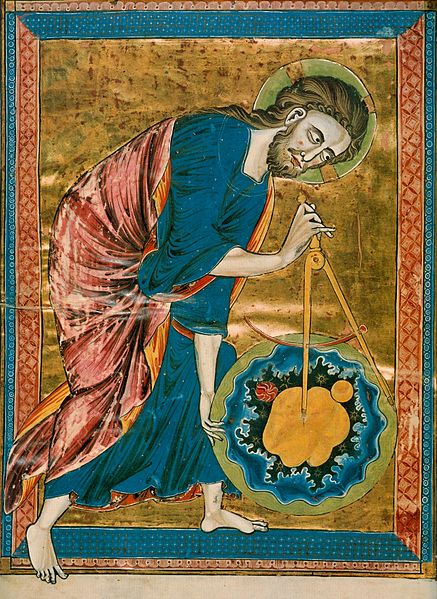 Compass is sometimes used as a symbol of the Creation, and sometimes, especially in the Medieval period, God was shown with a compass in his hands, measuring the world that has just been created...For instance: The Frontispiece of Bible Moralisee, 13th c.