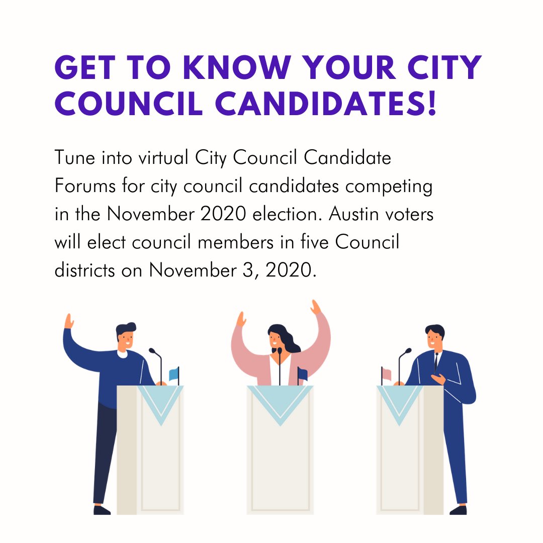 OurGoodPolitics's tweet photo. Hey Austin, get to know your City Council candidates running in the 2020 election during virtual forums starting tomorrow! Dates + how to tune into the forums below ⬇️ https://t.co/SK71cARRXV