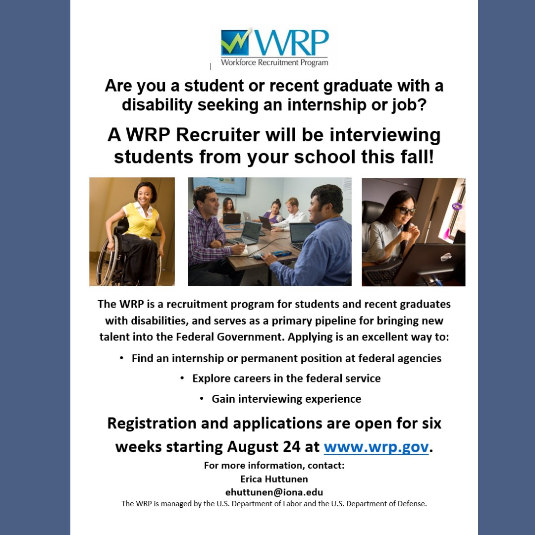IONACareers's tweet photo. Are you a college student or recent graduate with a disability interested in learning more about federal employment opportunities? Not sure where to start? Check out the #WorkforceRecruitmentProgram at https://t.co/pwjOf3rh5E https://t.co/YLHaB8PloV