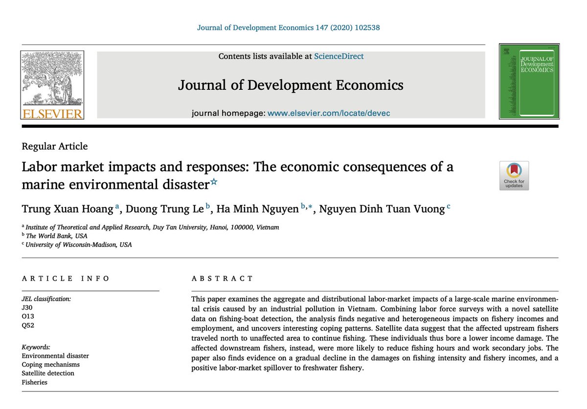 Research by Hoang <a href="/DuongTrungLe/">Duong Le</a> @nguyenminhha20 @VuongTuanNguyen  published in #JDevEcon finds negative income and employment effects of exposure to the 2016 #Formosa marine environmental disaster in #Vietnam. 
Link to the full paper:
sciencedirect.com/science/articl…