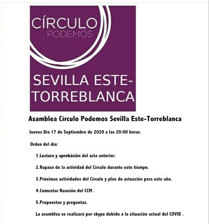 Podemos_SevEste's tweet photo. Este Jueves, tenemos la primera asamblea de este curso. Debido a la situación actual, se realizará por vía telemática, los interesados en asistir, escribid por privado a esta página. https://t.co/vXauGUXVxy