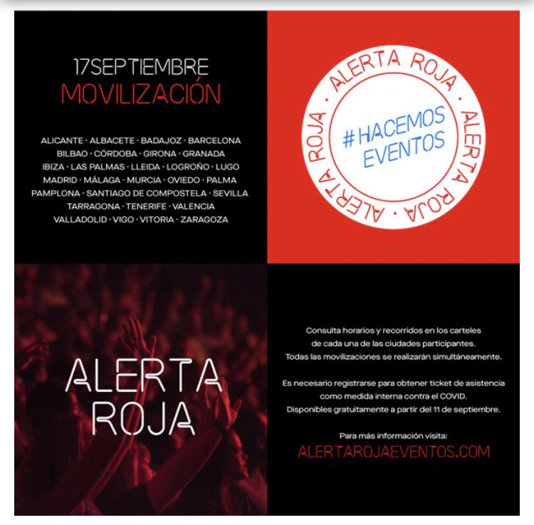 Rock_Ossa's tweet photo. La plataforma #AlertaRoja convocará manifestaciones por toda España en defensa y en apoyo del sector del espectáculo y los eventos, para el próximo 17 de septiembre.
#alertaroja #hacemoseventos https://t.co/VXelRXcn9e