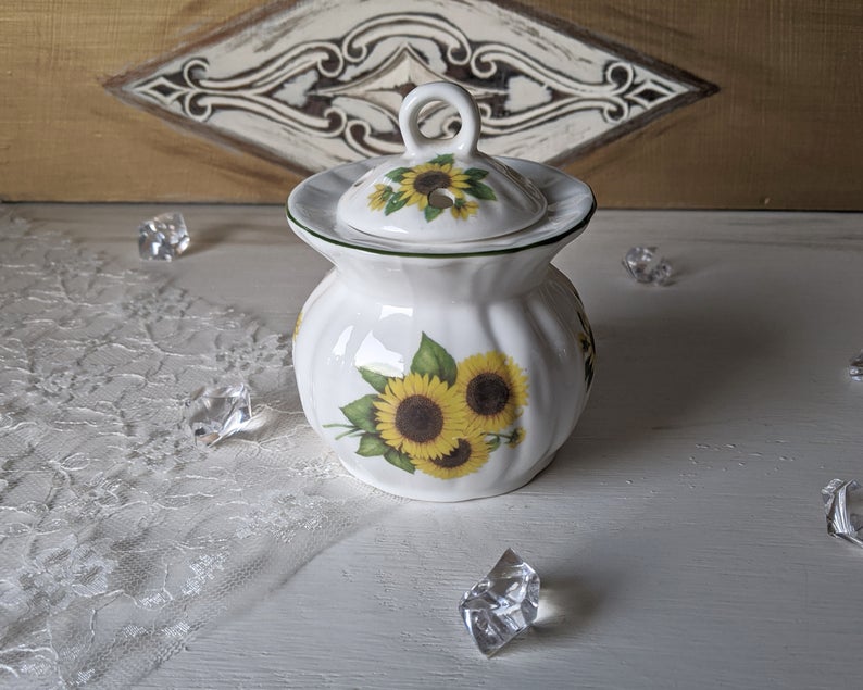 Vintage bone china sunflower jar  WAS £14.50 incl postage, will take £11. For more photos/details see:  https://www.etsy.com/uk/listing/854895943/vintage-sunflower-sugar-bowltrinket-dish?ref=shop_home_active_1#