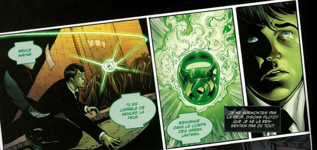 Après avoir vu ses parents se faire tuer, Bruce prend la fuite, et c’est là qu’un anneau de Green Lantern lui apparait et le choisi pour être son nouveau porteur en pensant qu’il en serait digne.