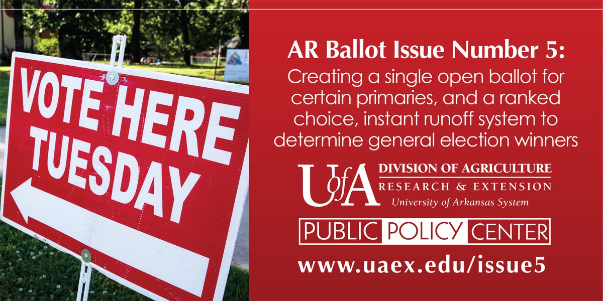 countyagentgal's tweet photo. Changing how Arkansas' primaries are conducted for statewide and congressional offices, and allowing voters to rank candidates in the general election may be on the Nov. ballot. Read Issue 5’s ballot title and more about the proposal at https://t.co/5A9xpNfOCB @UAEX_edu #ARballot https://t.co/BwBEKddR5A