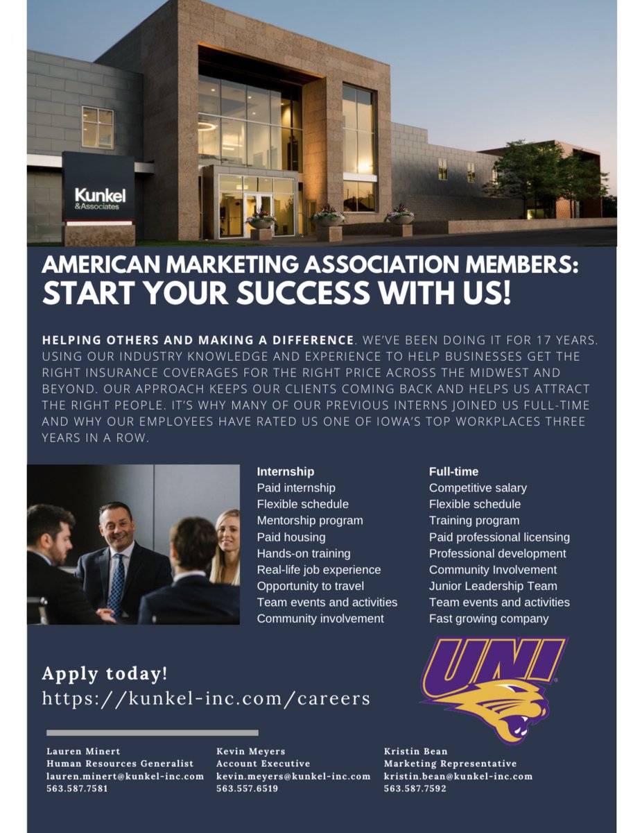 uni_ama's tweet photo. 🚨Networking Opportunity🚨

Come join us on Thursday in CBB 122 at 5 PM to hear from Lauren Minert from Kunkel &amp; Associates!

#UNIAMA https://t.co/NmrUIa22Nw