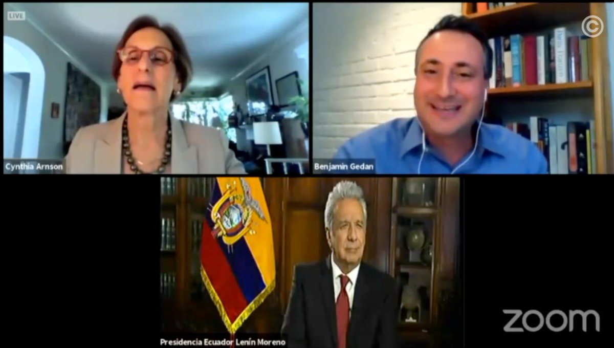 Presidencia_Ec's tweet photo. Presidente @Lenin Moreno mantuvo un conversatorio virtual con @CindyArnson y @benjamingedan en @LATAMProg del medio @TheWilsonCenter, donde trataron sobre la reactivación económica post-pandemia y  temas de interés nacional e internacional.  
#CrisisConversations
#SembramosFuturo https://t.co/DcnPuPxueS