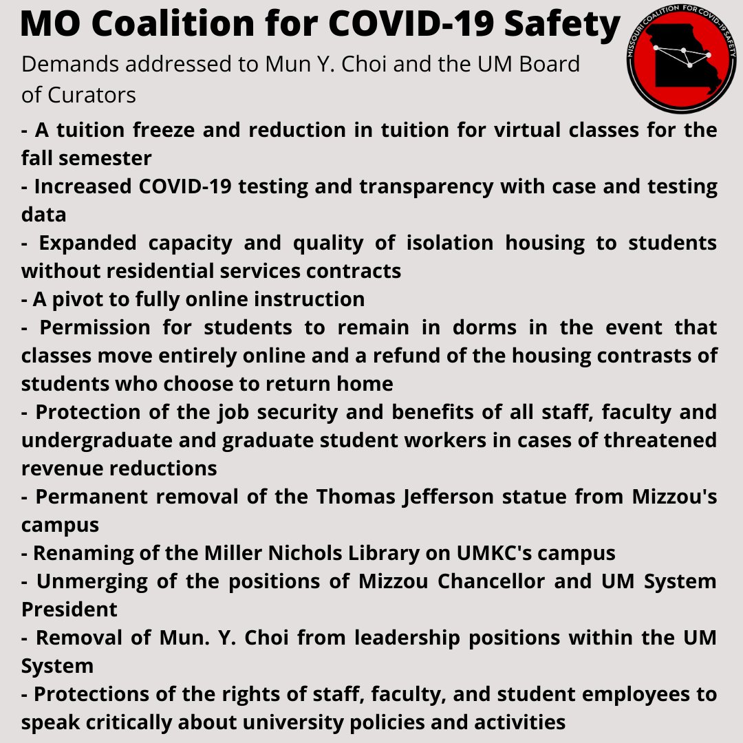 mo4covidsafety's tweet photo. We have had enough of the complete disregard of our safety and concerns by @Munychoi4545 and the UM Board. Until our demands and concerns are addressed by the @umsystem , we are calling for student action across all four UM Campuses. @umkc @mizzou @umsl @MissouriSandT link in bio https://t.co/c4CkPEpIGI