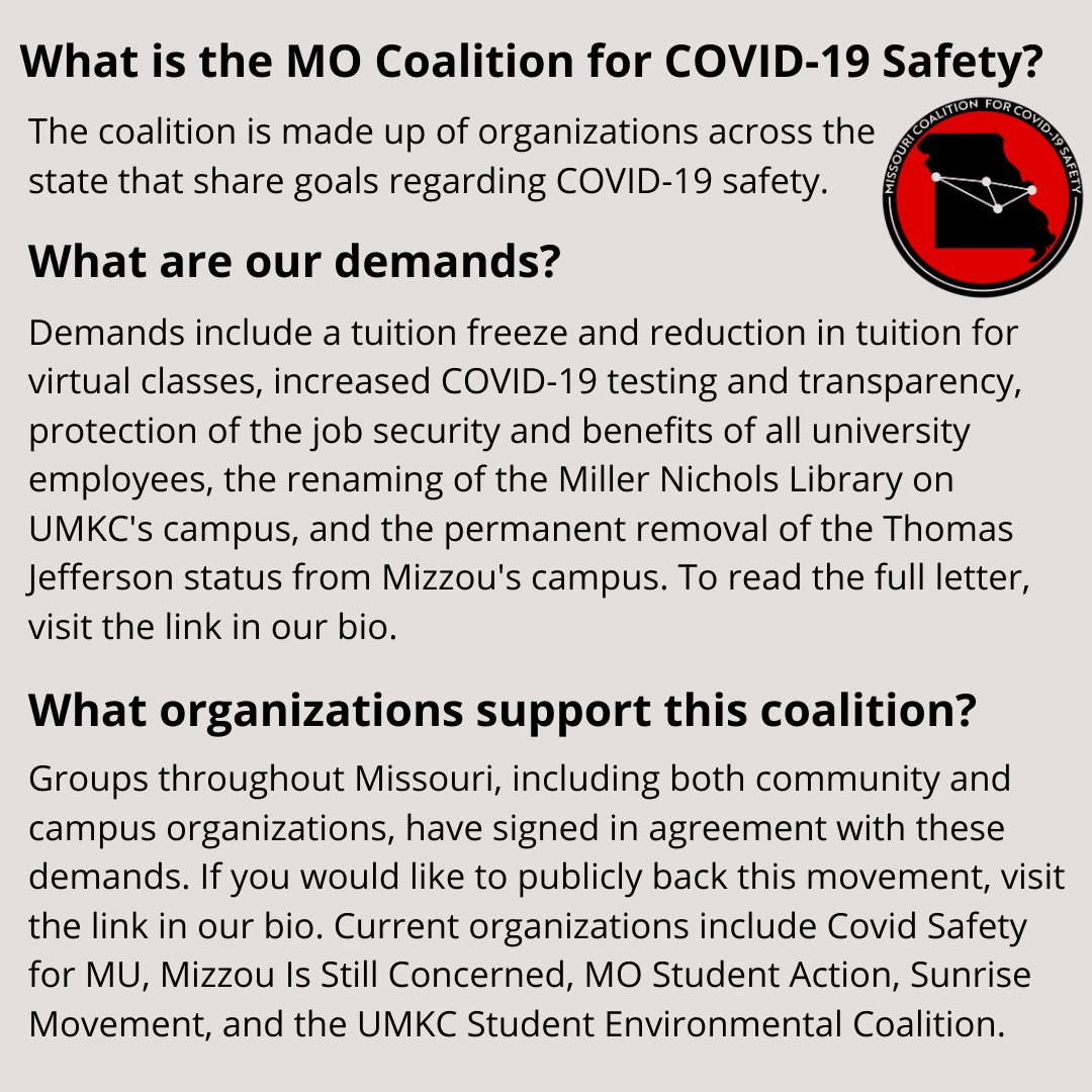 mo4covidsafety's tweet photo. We have had enough of the complete disregard of our safety and concerns by @Munychoi4545 and the UM Board. Until our demands and concerns are addressed by the @umsystem , we are calling for student action across all four UM Campuses. @umkc @mizzou @umsl @MissouriSandT link in bio https://t.co/c4CkPEpIGI