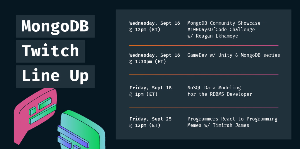 MongoDB's tweet photo. We've got some exciting @twitch streams coming up for the month of September. 

Mark your calendars and tune in here: https://t.co/Bl4GIq3xtR https://t.co/K0FvoILg8C