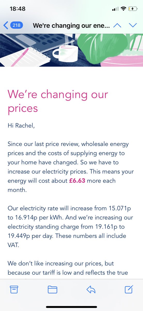 RachelPayne90's tweet photo. Just received an email regarding a price increase with @BulbUK. I understand that you need to increase your prices, but nearly 2 pence per unit is ridiculous. That’s £79.56 a year on top of what I already pay. #energy 
#bulb  #unbelievable https://t.co/77ruZpG6ib