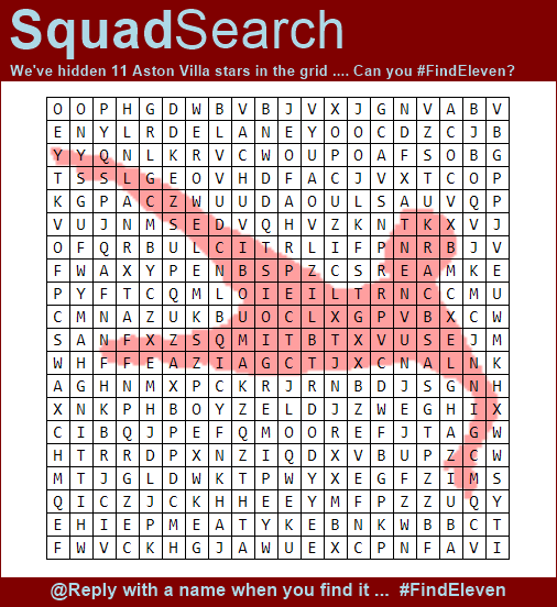 SuperSuperVilla's tweet photo. We've hidden 11 Aston Villa stars in the grid. Can you #FindEleven? #SquadSearch #AVFC https://t.co/SHWGEByBjx