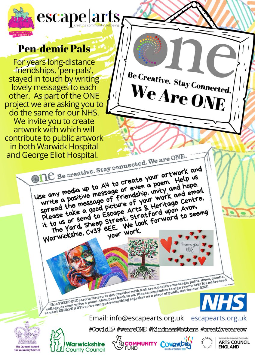 Escape_Arts's tweet photo. We're creating public art at both Warwick Hospital &amp; George Eliot Hospital through the ONE project! To take part, paint, draw or collage up to the size of A4, add a positive message, take a good picture &amp; email it to us! #creativecarecw #WeAreOne #CreateWell2020 #BestWarwickshire https://t.co/XlngEGaObQ