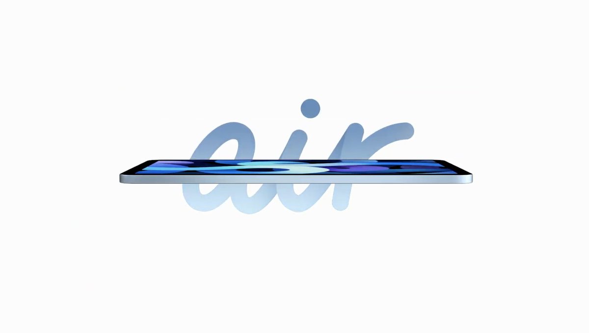 biggeekru's tweet photo. Совершенно новый iPad Air — не только с уменьшенными рамками, но и с новыми яркими цветами корпуса!

А ещё с Touch ID в кнопке питания и 5-нм чипсетом A14 Bionic, впервые представленном для iPad раньше, чем для iPhone. https://t.co/t3OH0WVTfG