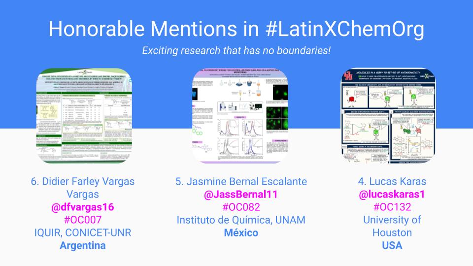 MolinaGroup's tweet photo. Thanks for making #LatinXChemOrg a very successful category. #OChemRocks! Here are the posters selected as Honorable Mentions by the judges: https://t.co/VvkxHcFKdb