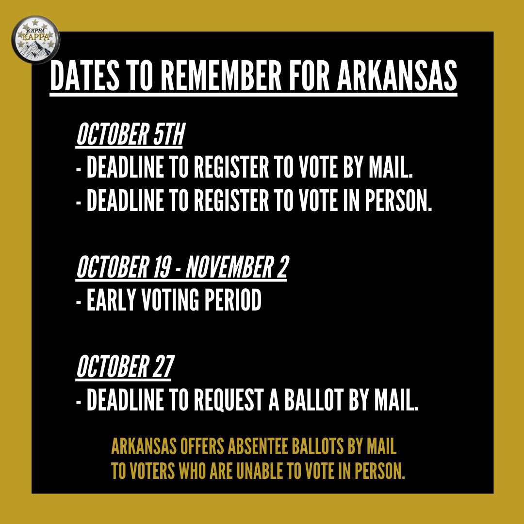 KK_Alphas's tweet photo. ARE YOU REGISTERED? It’s important that you exercise your right and vote in the upcoming election. With just 49 days left until Election Day, here’s some information on Arkansas registration deadlines. #AlphaPhiAlpha #KKAlphas https://t.co/7k9O561KWh