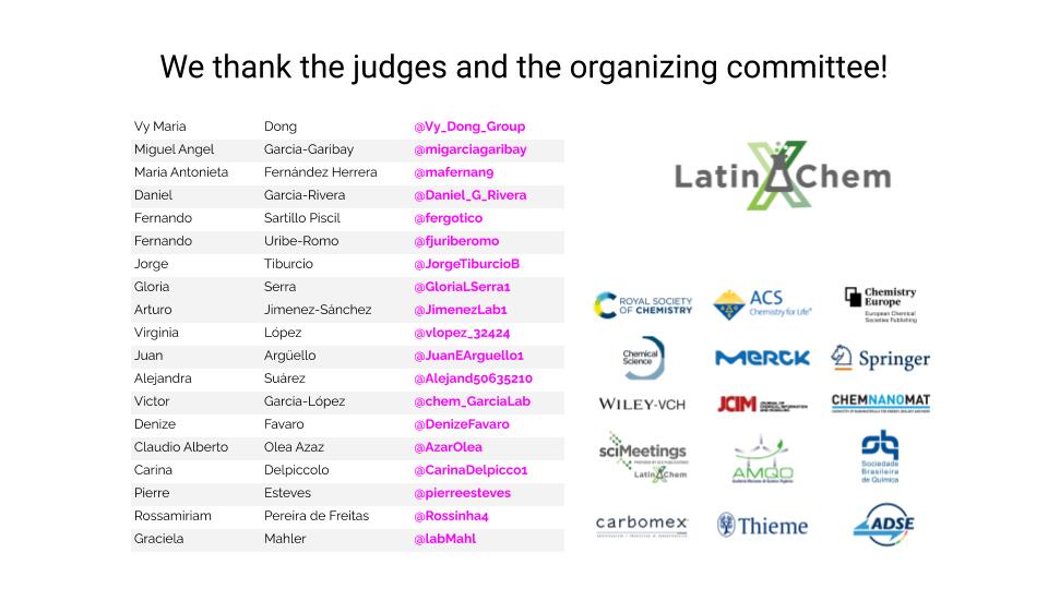 MolinaGroup's tweet photo. Thanks for making #LatinXChemOrg a very successful category. #OChemRocks! I'm grateful for the help received by the presenter @Vy_Dong_Group, the judges and the organizing committee #LatinXChem https://t.co/DXeR3C0SFe