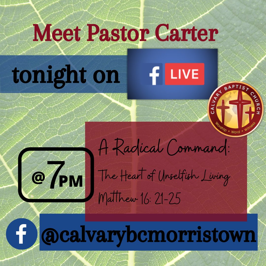 Join Pastor Carter and the Calvary church family TONIGHT Tues., Sept. 15th at 7pm for our Mid-Week time of prayer and devotion. Tell a friend, tag a friend or start a FacebookLive watch party to unite and fellowship with us!