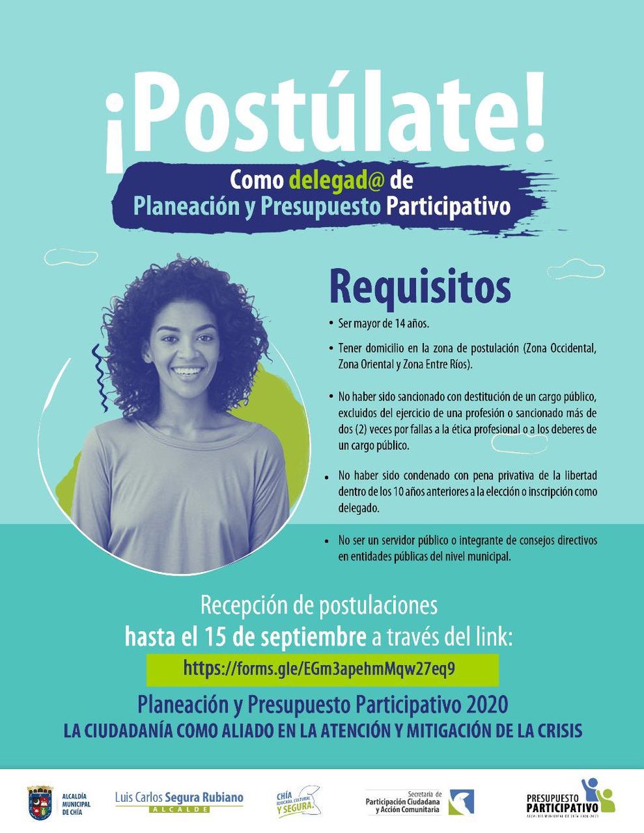AlcaldiaChia's tweet photo. #ParticipaYDecide Aún estas a tiempo para postularte  y representar a tu sector en el #PresupuestoParticipativo, un espacio que te da la oportunidad de gestionar proyectos que beneficien a tu comunidad. 

Ingresa aquí https://t.co/GyLU8UhUE4 y postúlate https://t.co/LjJZ4cWXRt