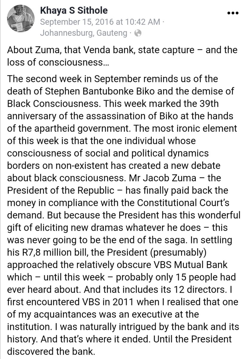 Oops. Rumour from Facebook is that 4 years ago I wrote a sentence or 2 about VBS, ABSA, Zuma, Biko, Rupert & a WhatsApp group called the Broederbond.Now it reads like a chronicle of how VBS went from obscurity, to prominence, to 'profit' & extinction in just 2 short years
