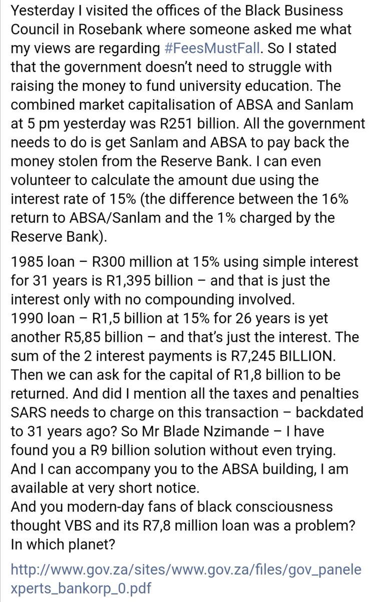 Oops. Rumour from Facebook is that 4 years ago I wrote a sentence or 2 about VBS, ABSA, Zuma, Biko, Rupert & a WhatsApp group called the Broederbond.Now it reads like a chronicle of how VBS went from obscurity, to prominence, to 'profit' & extinction in just 2 short years